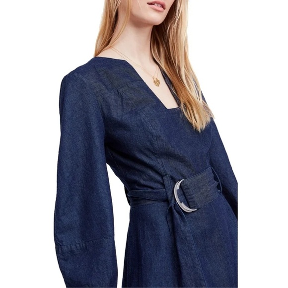 Free People Karmen Cotton Denim Mini Dress Deep Sea Wash Chambray Long Sleeve S - Picture 2 of 11